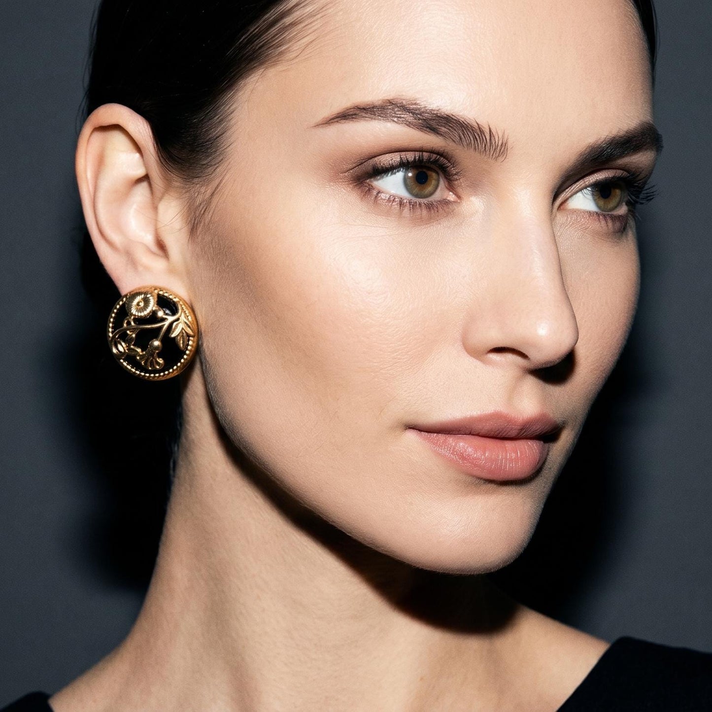 Black Enamel Floral Relief Stud Earrings | Art Nouveau Gold Flower Vintage Statement