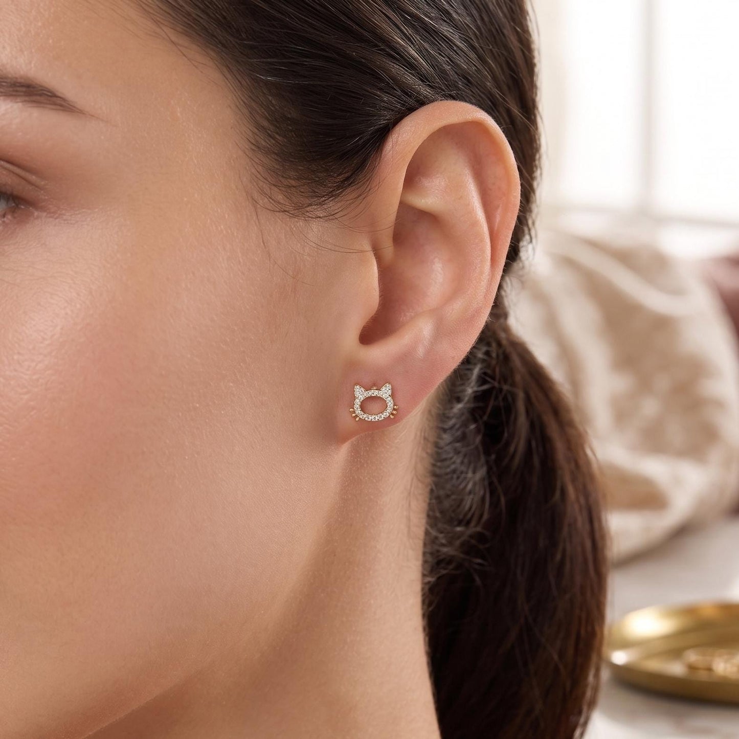 18K Gold Plated Tiny Cat Pave Stud Earrings | Everyday Earrings