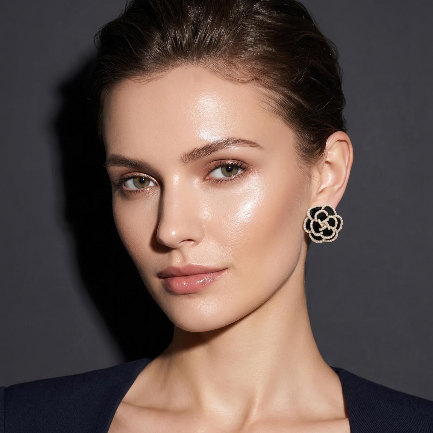 Black Camellia Stud Earrings with Seed Pearl Trim