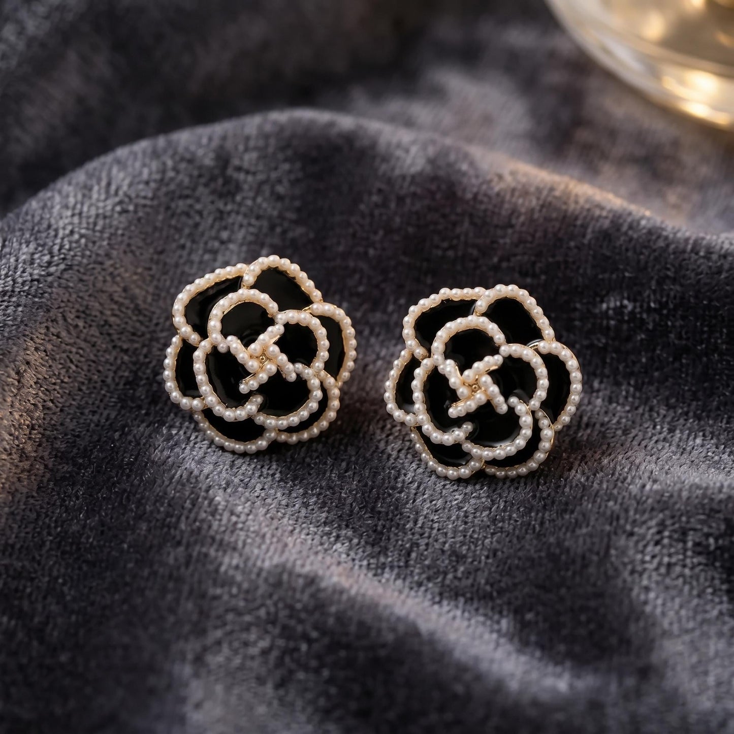 Black Camellia Stud Earrings with Seed Pearl Trim