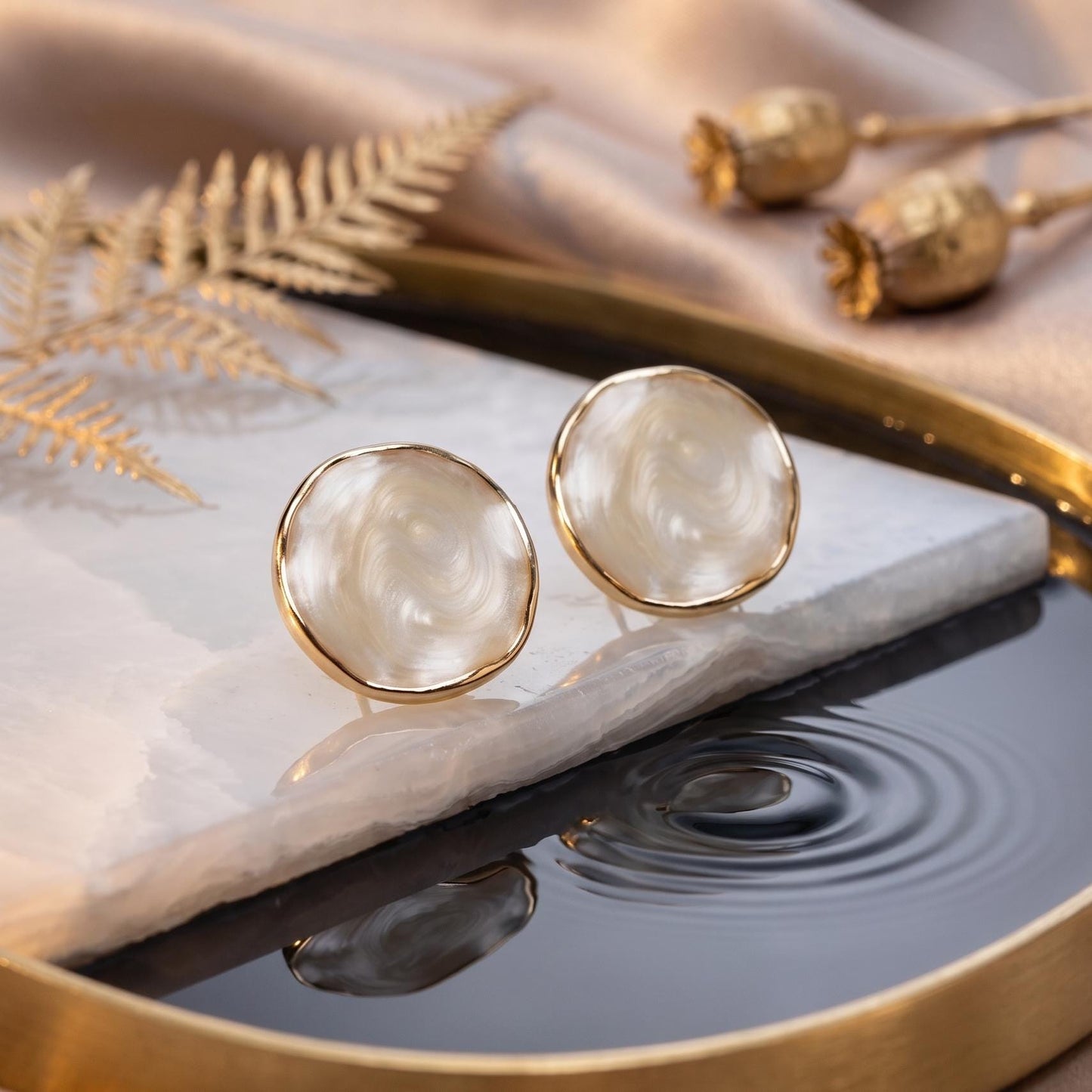 Pearlescent Round Stud Earrings | Minimalist Cream Enamel Button Earrings