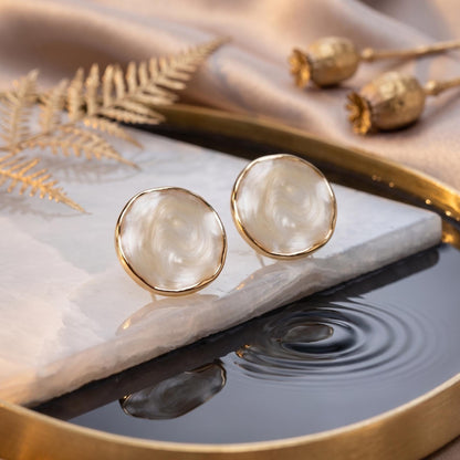 Pearlescent Round Stud Earrings | Minimalist Cream Enamel Button Earrings