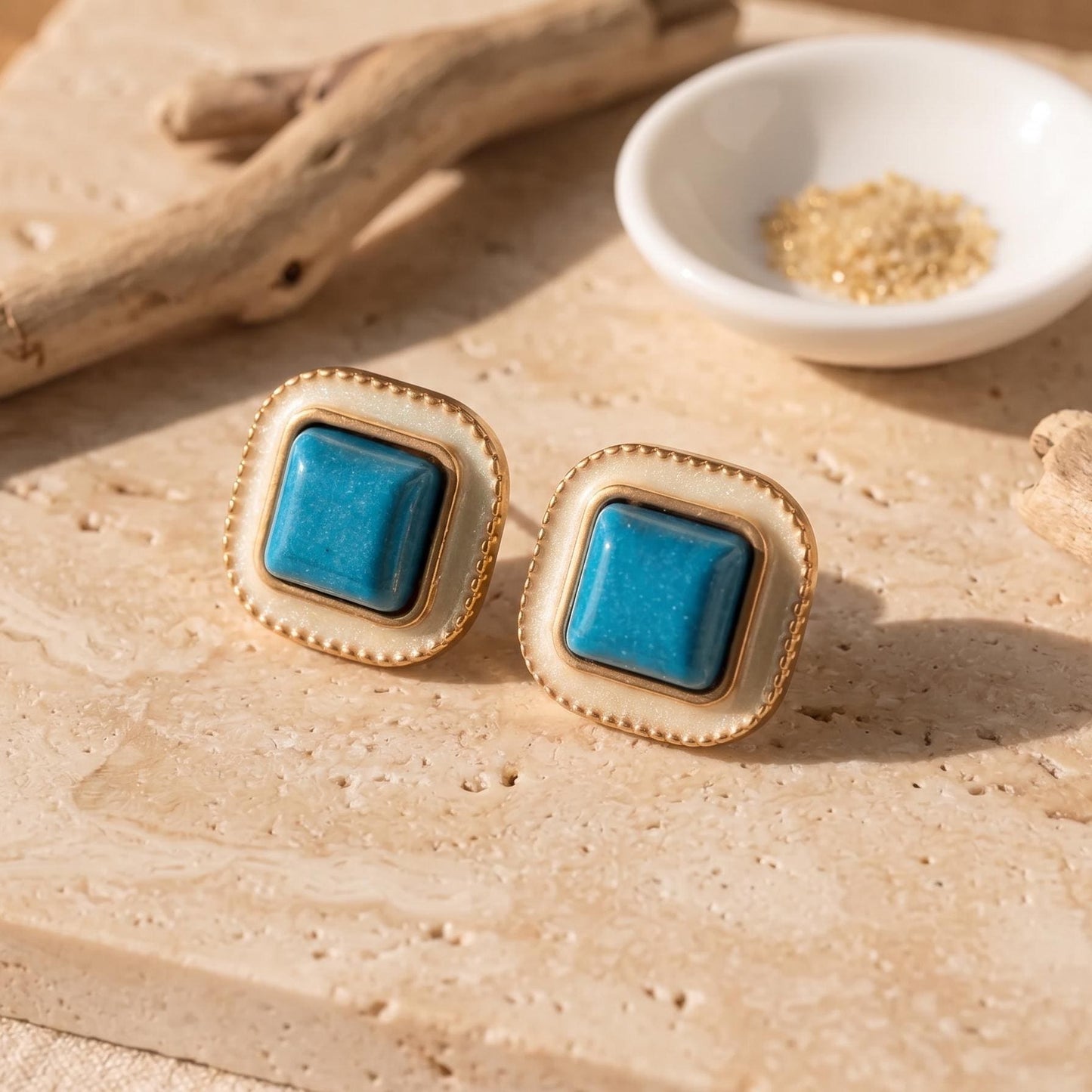 Victorian Turquoise Stud Earrings | Cream Enamel Art Deco Revival