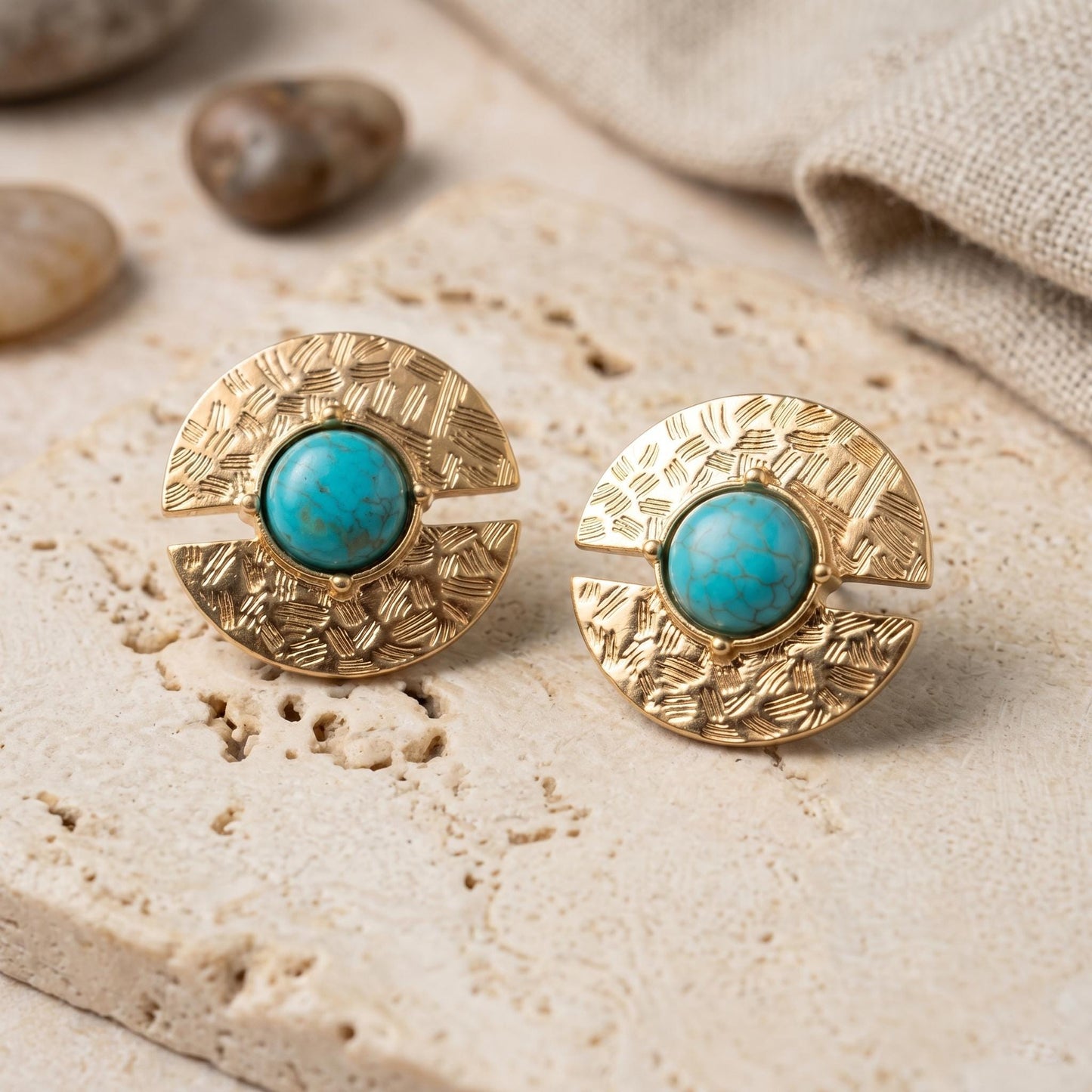 Gold Disc Coin Turquoise Stud Earrings Boho Statement Vintage Jewelry