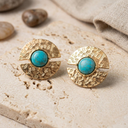 Gold Disc Coin Turquoise Stud Earrings Boho Statement Vintage Jewelry