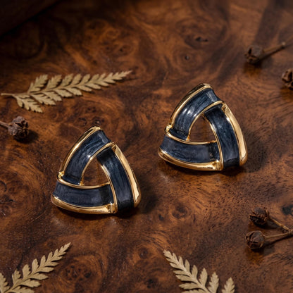 Modern Woven Triangle Stud Earrings, Slate Blue Enamel Geometric Jewelry