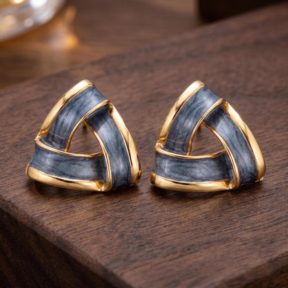 Modern Woven Triangle Stud Earrings, Slate Blue Enamel Geometric Jewelry