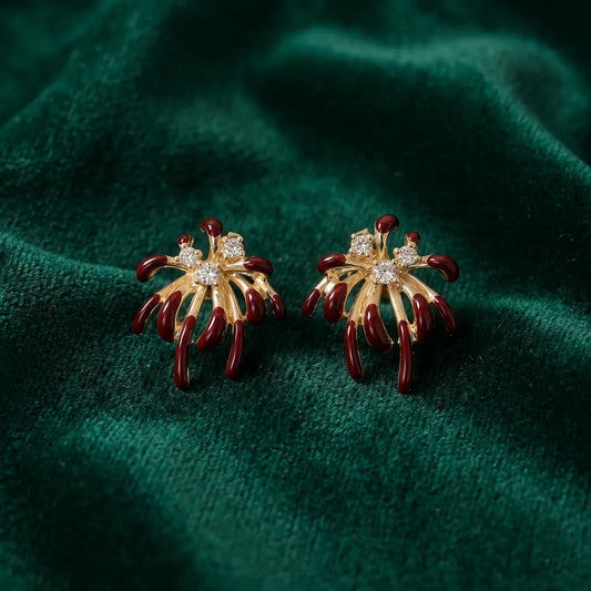Burgundy Firework Enamel Stud Earrings | Asymmetric Statement Cocktail Jewelry