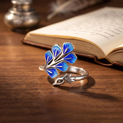 Blue Enamel Peacock Feather Ring | Adjustable Silver Tone Statement Ring