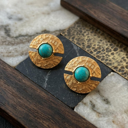 Gold Disc Coin Turquoise Stud Earrings Boho Statement Vintage Jewelry