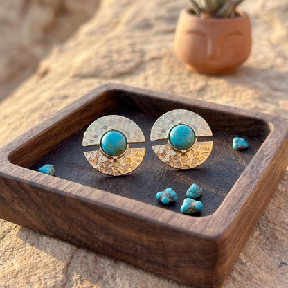 Gold Disc Coin Turquoise Stud Earrings Boho Statement Vintage Jewelry