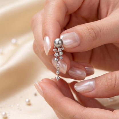 Silver Gray Pearl Drop Earrings, Asymmetric Cluster with Zircon Scatter Charm