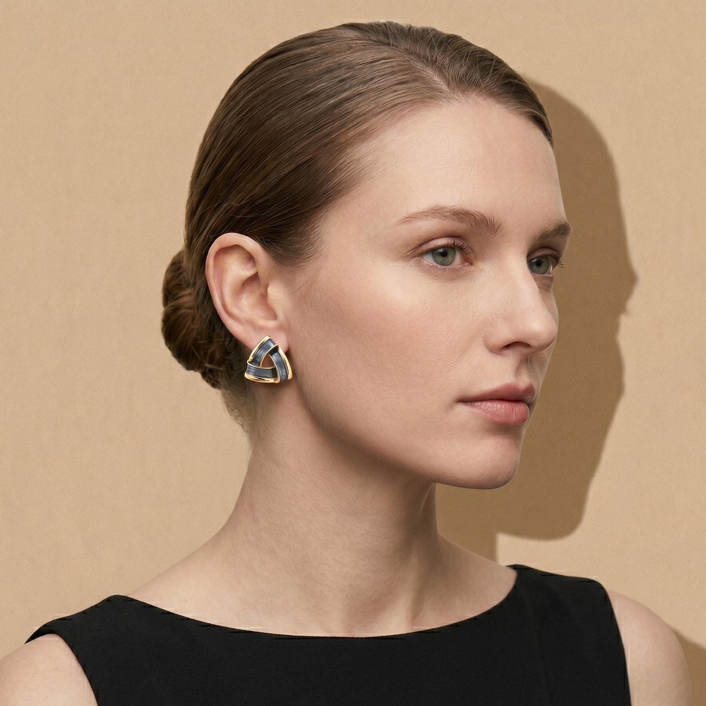 Modern Woven Triangle Stud Earrings, Slate Blue Enamel Geometric Jewelry