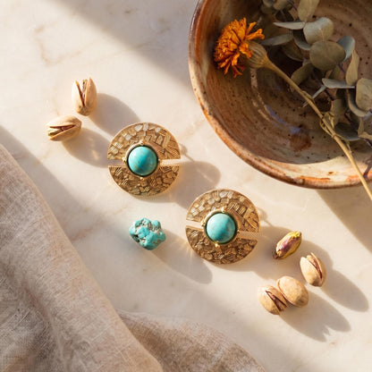 Gold Disc Coin Turquoise Stud Earrings Boho Statement Vintage Jewelry