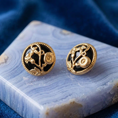 Black Enamel Floral Relief Stud Earrings | Art Nouveau Gold Flower Vintage Statement