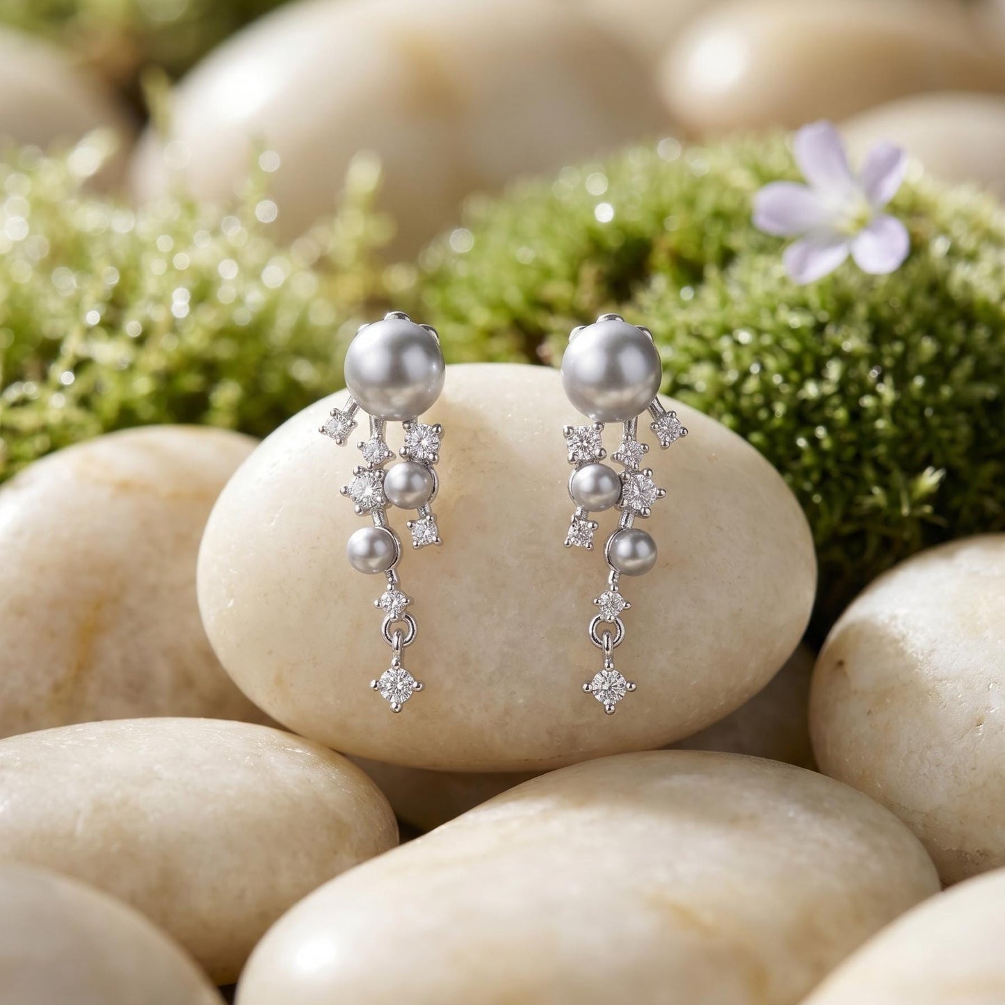 Silver Gray Pearl Drop Earrings, Asymmetric Cluster with Zircon Scatter Charm