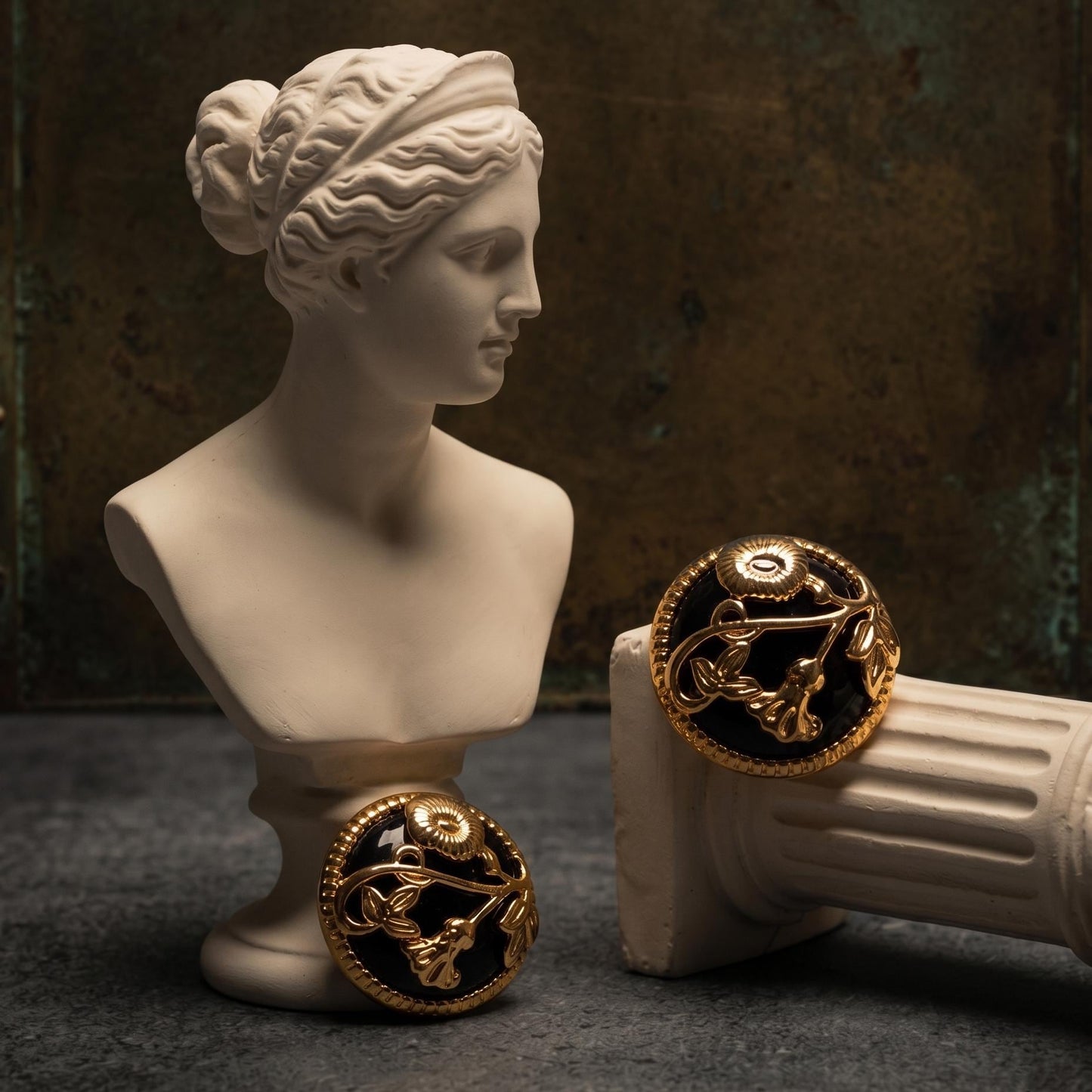 Black Enamel Floral Relief Stud Earrings | Art Nouveau Gold Flower Vintage Statement