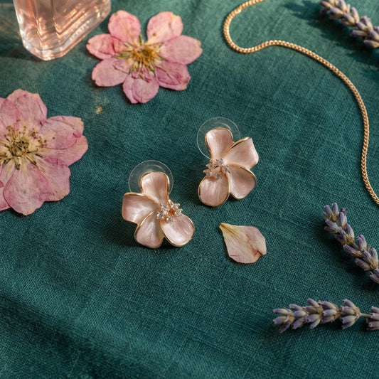Pink Enamel Cherry Blossom Stud Earrings | Sakura Floral Jewelry