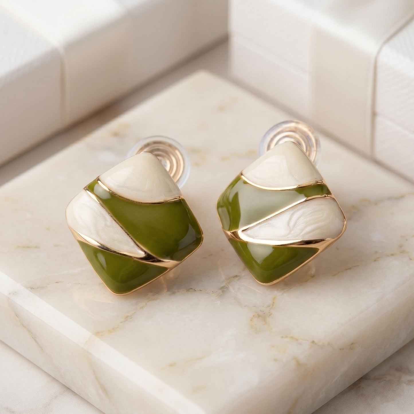 Enamel Clip On Earrings | Olive Green Cream Colorblock | Modern Geometric Jewelry