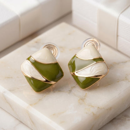 Enamel Clip On Earrings | Olive Green Cream Colorblock | Modern Geometric Jewelry