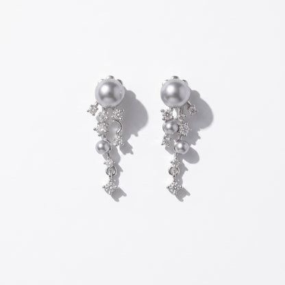 Silver Gray Pearl Drop Earrings, Asymmetric Cluster with Zircon Scatter Charm