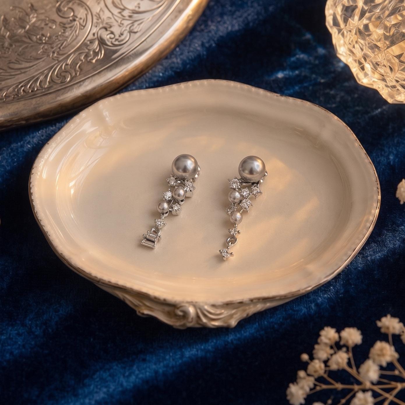 Silver Gray Pearl Drop Earrings, Asymmetric Cluster with Zircon Scatter Charm