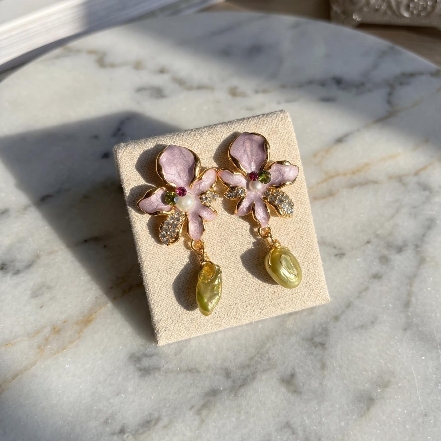 Pink Floral Drop Earrings | Pearl Dangle | 18k Gold Plated