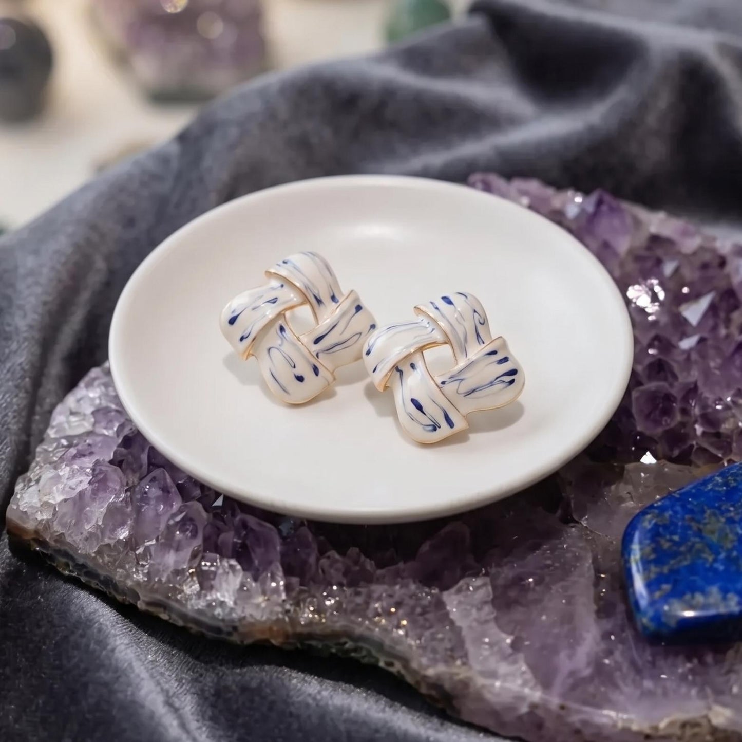 Blue White Enamel Stud | Knot Earrings | Gold Plated Earrings