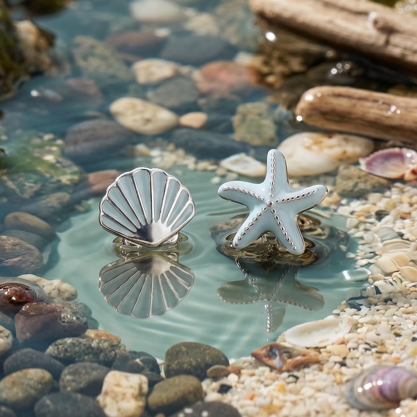 Seashell Starfish Stud Earrings, Dainty Ocean Jewelry