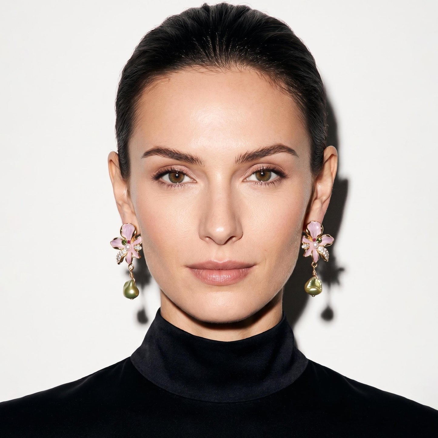 Pink Floral Drop Earrings | Pearl Dangle | 18k Gold Plated