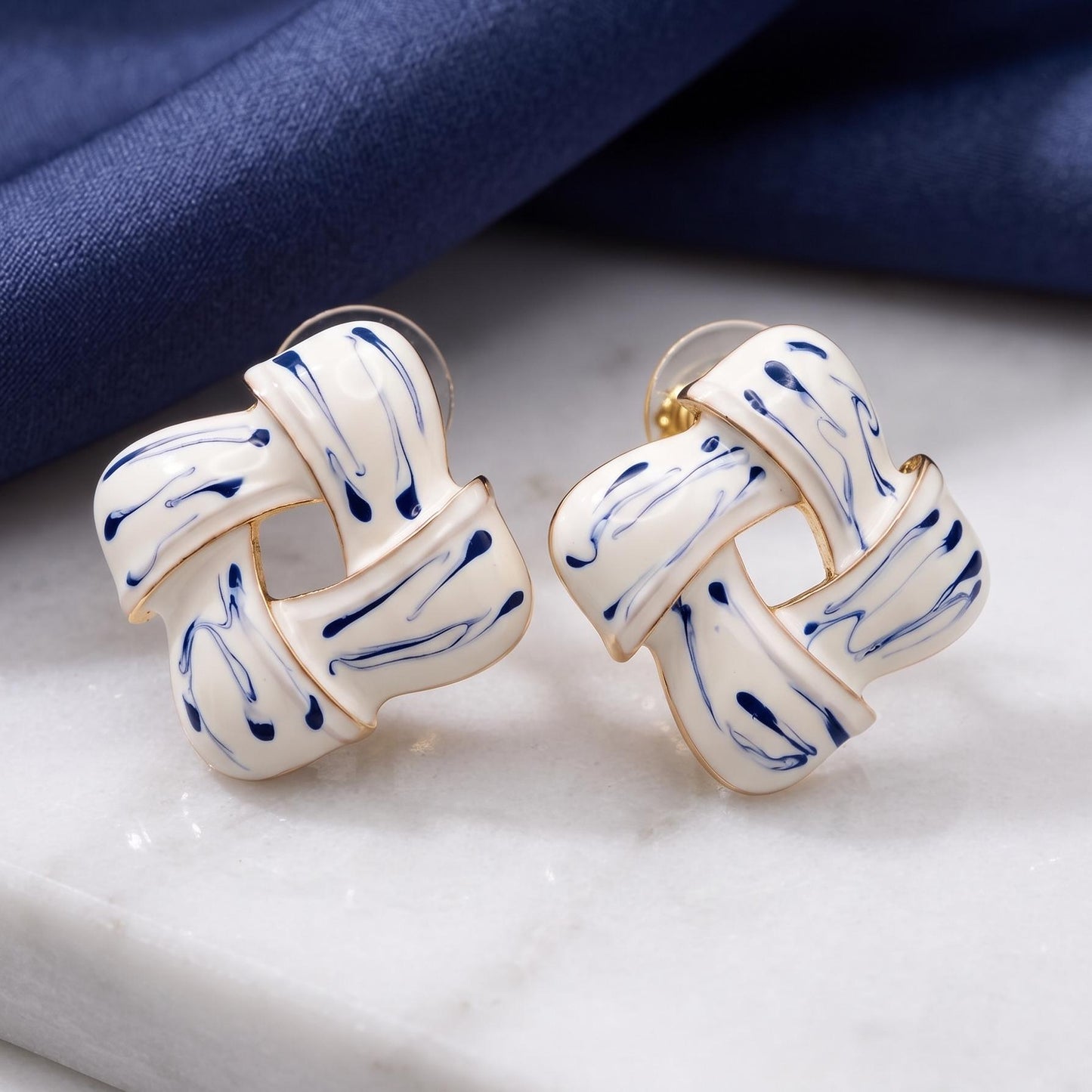 Blue White Enamel Stud | Knot Earrings | Gold Plated Earrings