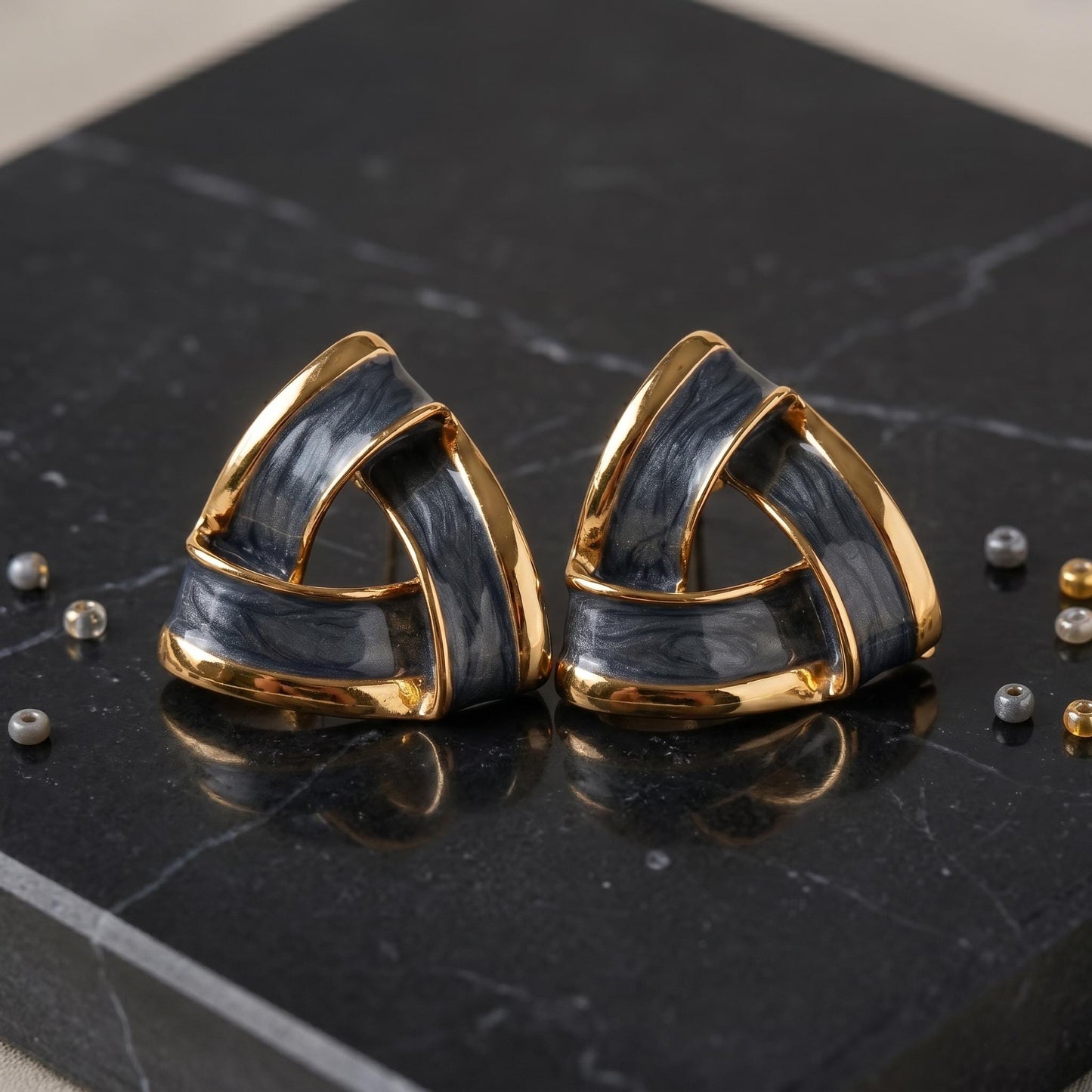 Modern Woven Triangle Stud Earrings, Slate Blue Enamel Geometric Jewelry