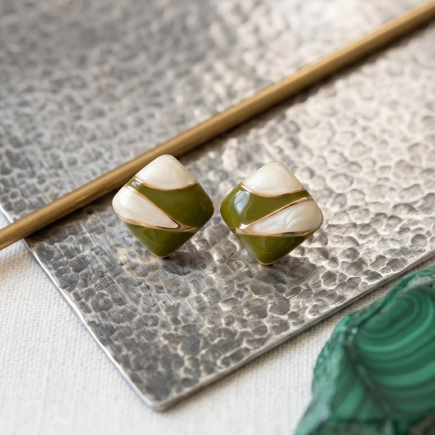 Enamel Clip On Earrings | Olive Green Cream Colorblock | Modern Geometric Jewelry