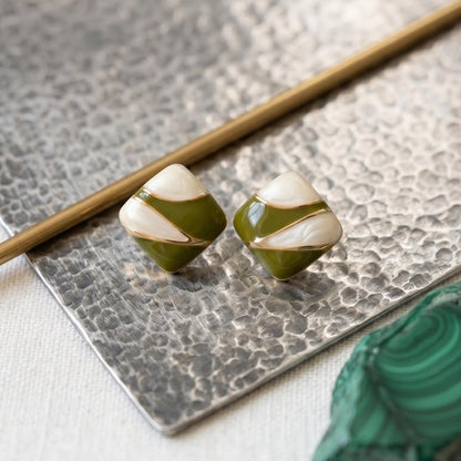 Enamel Clip On Earrings | Olive Green Cream Colorblock | Modern Geometric Jewelry