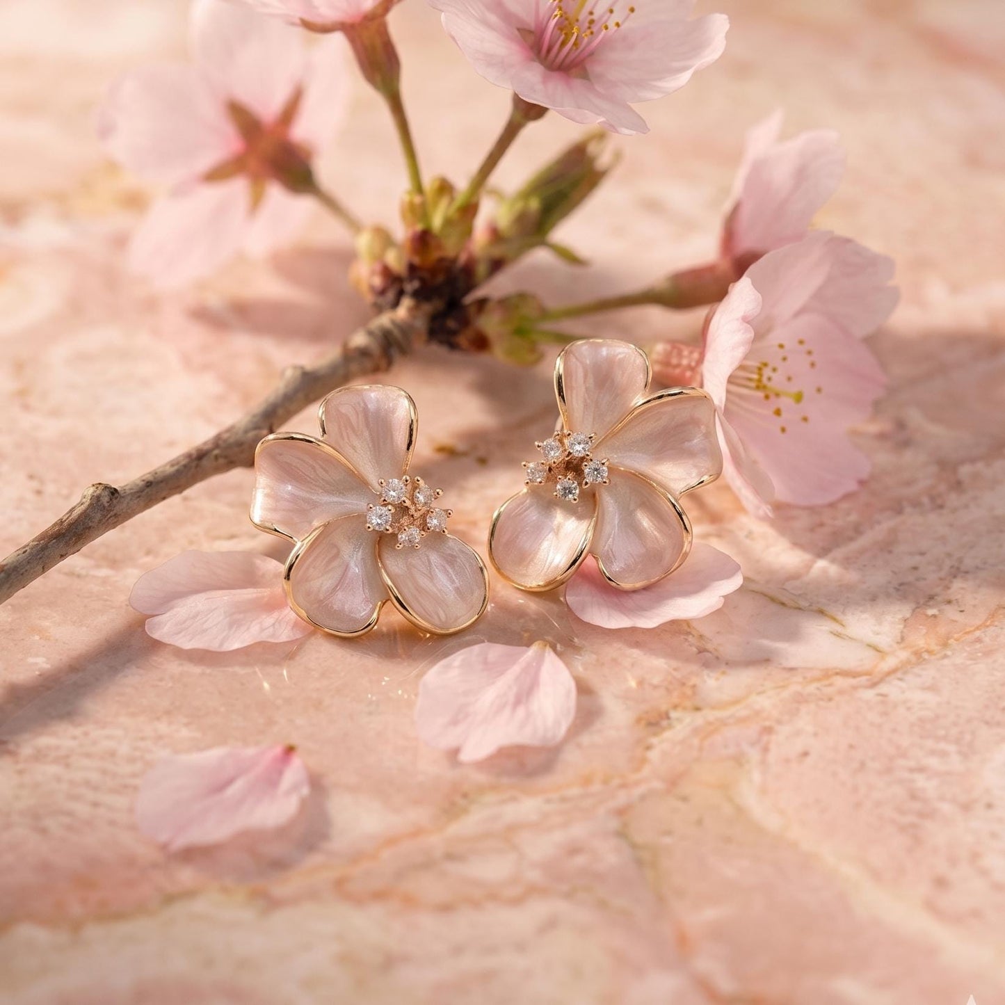 Pink Enamel Cherry Blossom Stud Earrings | Sakura Floral Jewelry