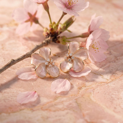 Pink Enamel Cherry Blossom Stud Earrings | Sakura Floral Jewelry