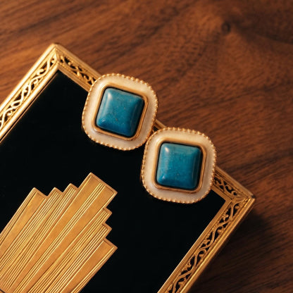 Victorian Turquoise Stud Earrings | Cream Enamel Art Deco Revival