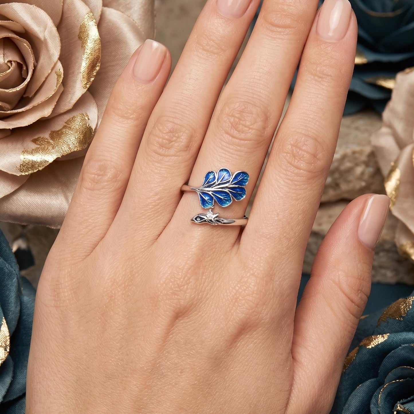 Blue Enamel Peacock Feather Ring | Adjustable Silver Tone Statement Ring