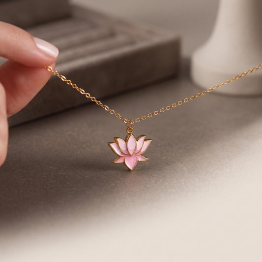 Gold Plated Enamel Lotus Flower Necklace | Everyday Necklace