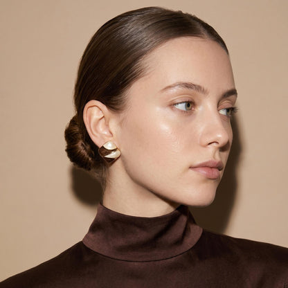Enamel Stud Earrings | Brown and Cream Colorblock Square Design