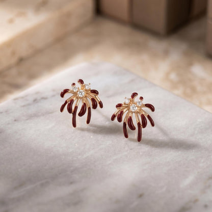 Burgundy Firework Enamel Stud Earrings | Asymmetric Statement Cocktail Jewelry