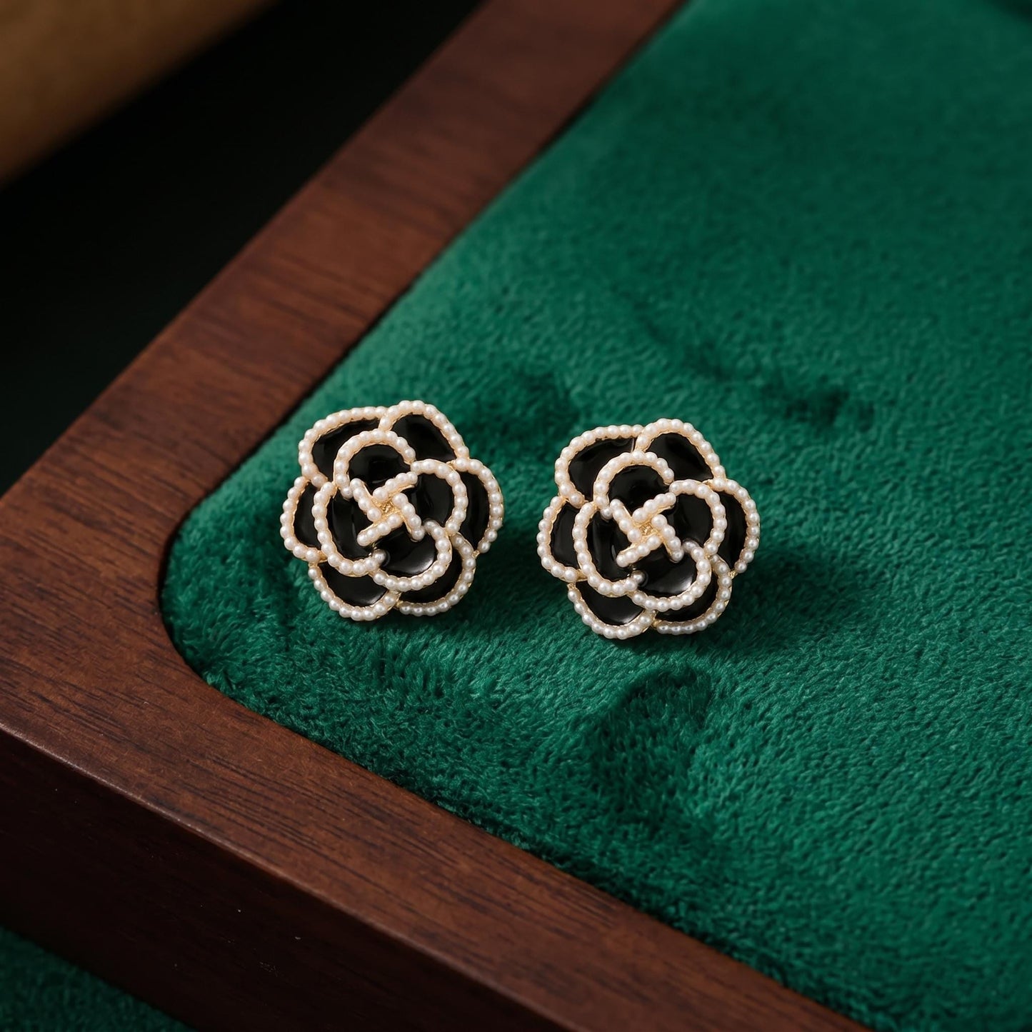Black Camellia Stud Earrings with Seed Pearl Trim