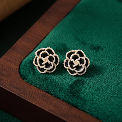 Black Camellia Stud Earrings with Seed Pearl Trim