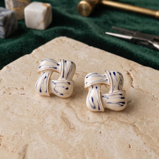 Blue White Enamel Stud | Knot Earrings | Gold Plated Earrings