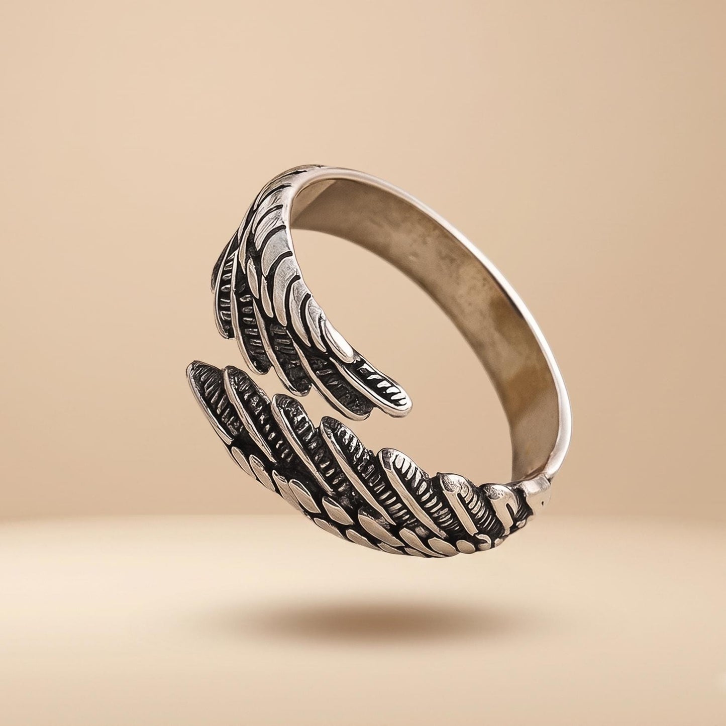 Unisex Sterling Silver Wing Ring - Adjustable 925 Angel Feather Band Jewelry for Men & Women