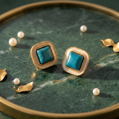 Victorian Turquoise Stud Earrings | Cream Enamel Art Deco Revival