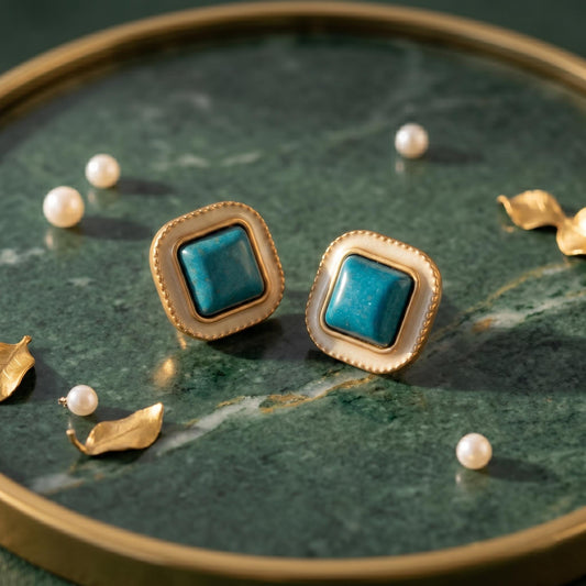 Victorian Turquoise Stud Earrings | Cream Enamel Art Deco Revival