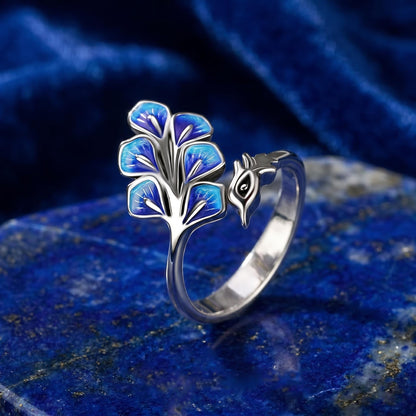 Blue Enamel Peacock Feather Ring | Adjustable Silver Tone Statement Ring