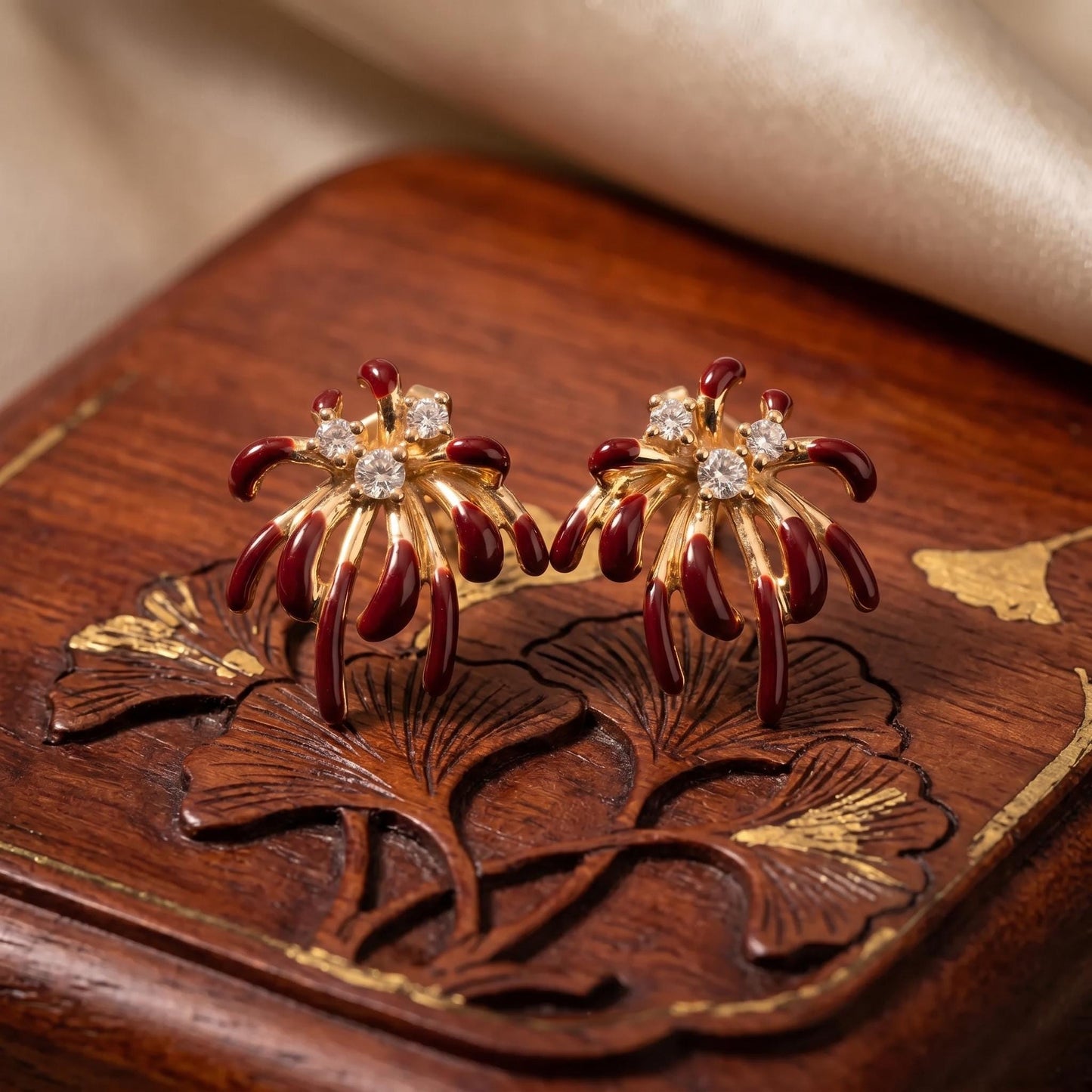 Burgundy Firework Enamel Stud Earrings | Asymmetric Statement Cocktail Jewelry