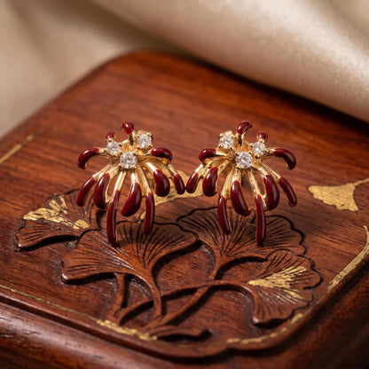 Burgundy Firework Enamel Stud Earrings | Asymmetric Statement Cocktail Jewelry
